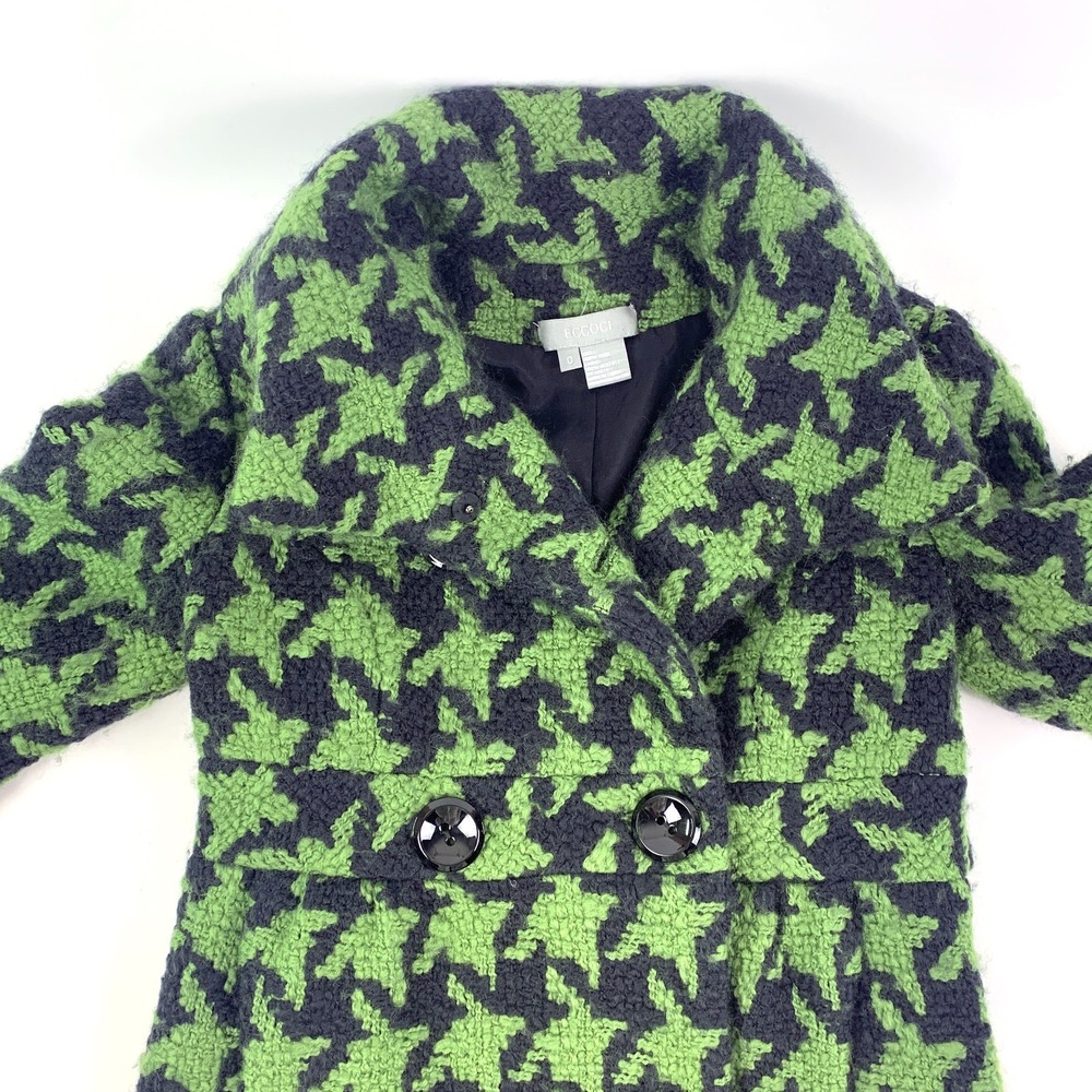 Eccoci Fit & Flare Houndstooth Coat Womens Sz 0 Green Black 100% Wool Dbl Brsted